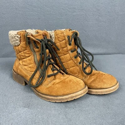 Steve Madden Girls US 3 Brown Leather Faux Shearling Collar Lace Up Snow Boots - Изображение 1 из 4