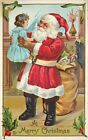 Embossed Christmas Postcard 227-B Santa Inspects Doll in Blue Dress, Stecher