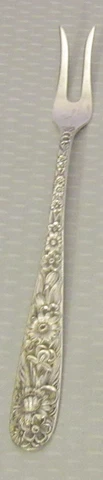 antique S Kirk Son REPOUSSE STERLING SILVER LEMON FORK 6" 2-tine 23.7g Cover