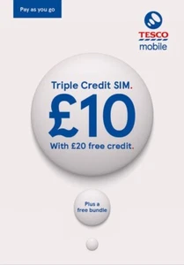 TESCO Mobile No Contract TRIPLE CREDIT SIM CARD 4G/5G £20 Free Credit FREEPOST - Picture 1 of 2