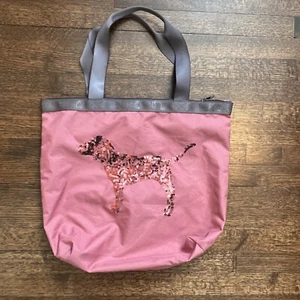 Pink By VS 16X19 Pink And Gray Tote Bag With Sequin Dog - Picture 1 of 5