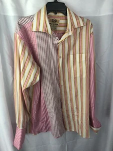 OLD SKOOL MEN’S SHIRT LARGE PINK & YELLOW STRIPED FRENCH CUFFS LONG SLEEVES - Picture 1 of 4