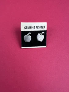 Vintage Genuine Pewter Apple Earrings NOS Petite Post Teacher No Tarnish Gift - Picture 1 of 2
