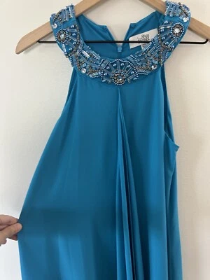 Vestido Badgley Mischka Belle 4 Turquesa Joyas Cuello Alto Asimétrico Formal Foto 1 de 4