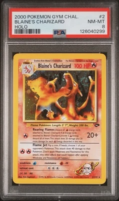 PSA 8 Blaine's Charizard 2/132 SWIRL HOLO Gym Challenge WOTC Pokemon Card - Image 1 of 2