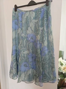 Jacques Vert 100% Silk Outer Skirt Midi Green Blue Lined Floral Chiffon Size 16 - Picture 1 of 5