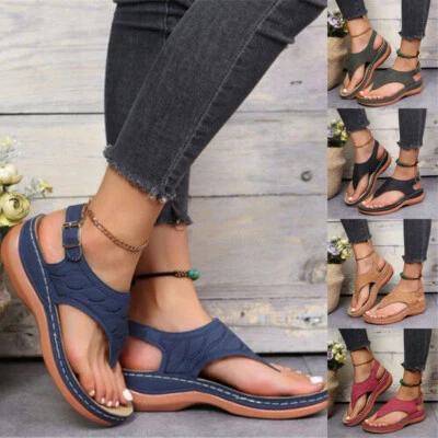 Womens Sandals Ladies Low Wedge Shoes Flat Flip Flops Orthopedic Size UK Casual - Image 1 of 4