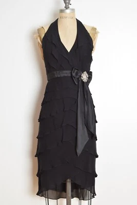 vintage Y2K dress TADASHI black silk tiered halter flapper mini cocktail party S - Image 1 of 4