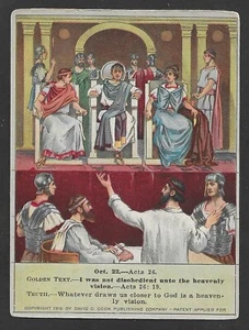 Antike christliche Unterrichtskarte - Paulus Verteidigung vor Agrippa - Lektion 4. Oktober 1916 - Bild 1 von 2