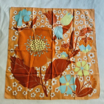 VINTAGE Scarf - Flowers Orange, Yellow, Blue, White 100% Polyester Made in Italy - Image 1 of 3