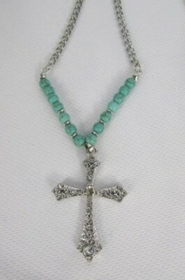 Damen Mode Schmuck Halskette Metall Kreuz Silber Türkis Blau Gold Schwarz Perle - Bild 1 von 4