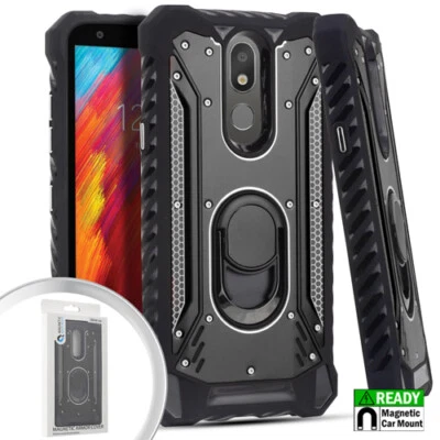 For LG K30 2019 / X320 - Hard Hybrid Magnetic Ring Kickstand Armor Black Case - Image 1 of 4