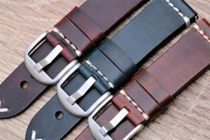 Watch Strap Genuine Calf Leather Double Layered Hand Stitched Vintage Look - Picture 1 of 4