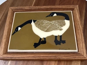 Vintage SIGNED W. Morgan 1979 Designer Tile Pair Geese Art Framed Stand Trivet - Picture 1 of 7