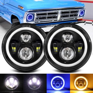 Pair 7" Round LED Headlights Hi/Lo Beam Blue Halo For Ford F100 F150 F250 Truck - Picture 1 of 11