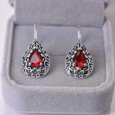 Beautiful Filigree Teardrop Garnet Silver Hook Earrings - Image 1 of 4