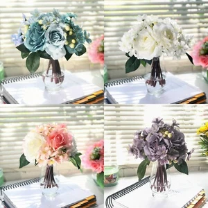 Silk Rose Mixed Artificial Flower Arrangement Centerpiece Glass Vase Faux Water - Picture 1 of 15