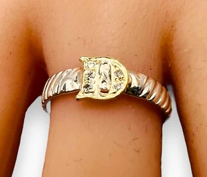 Diamond Initial Letter D 10k Yellow Gold Sterling Silver 3mm Band Ring 7.75 - Picture 1 of 12