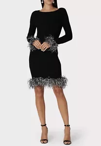 Milly Ostrich Feather Trim Ribbed Knit Long Sleeve Dress XS - Picture 1 of 9