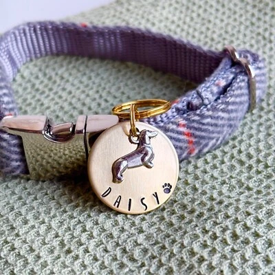 Personalised Dog IDTag | Hand Stamped Brass/Aluminium Tag | Dachshund Charm | Pe - Image 1 of 4