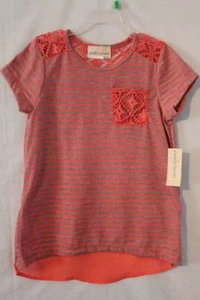 NEW Girls Blouse Large 10 - 12 Hi-Low Top Coral Gray Striped T-Shirt Lace Sheer - Picture 1 of 2