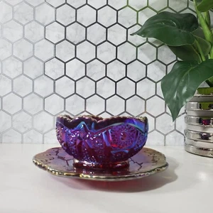Indiana Carnival Glass Heirloom Sunset Amberina Hobstar Arches Bowl and Saucer - Picture 1 of 13
