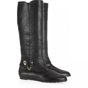 ALEXANDER MCQUEEN Flat Leather Riding Boots 37 Black Gold Skull Chain 7 US - Picture 1 of 13