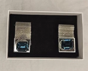 Cufflinks Silver Tone Mesh Wrap Aqua Blue Glass Stones Simulated 1960s Vintage - Picture 1 of 6
