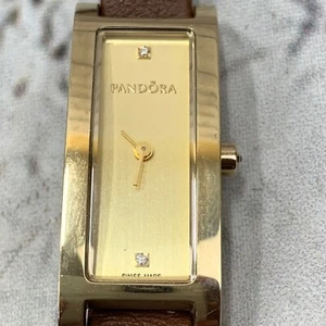 Pandora Double Oblong 18K Gold Plated Watch with Brown Leather Strap - 812019LG - Picture 1 of 10