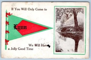 BANDERÍN ANTIGUO POSTAL 1913 SI SOLO LLEGAS A LYNN MASSACHUSETTS - Imagen 1 de 2