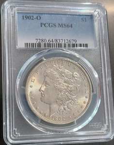 Dólar de plata Morgan 1902-O $1 blanco explosivo clasificación moneda PCGS MS64 ruedas de carro completas - Imagen 1 de 4
