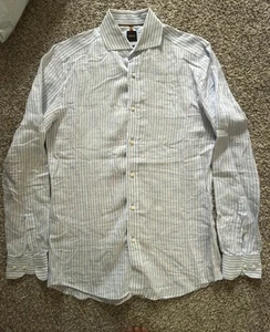 BOSS Men's Linen Blend Slim Fit Long Sleeve Shirt Blue & White Stripe Size 15.5 - Picture 1 of 9