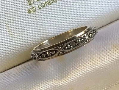 Antique Art Deco Marcasite full Eternity Ring 9ct gold and silver ~ size P - Image 1 of 4