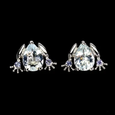 Pendientes de plata de ley 925 pera aguamarina 10x7 mm tanzanita piedras preciosas rana Foto 1 de 4