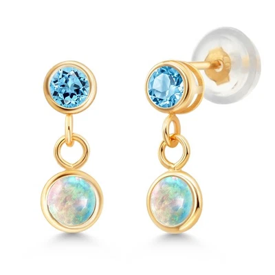 14K Yellow Gold White Simulated Opal and Swiss Blue Topaz Drop Dangle Earrings - Image 1 of 4