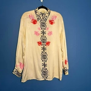 Vintage Escada Seda Abotonada Para Mujer Talla Grande Margaretha Ley Crema Floral - Imagen 1 de 8