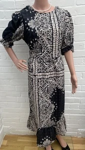 New Monsoon Scarf Print Poplin Dress UK 16 Black Cotton Midi  - Picture 1 of 14