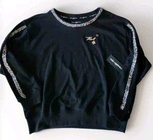 Karl Lagerfeld Paris womens Tweed Collar Sweater Size XL Black Embellished Logo - Picture 1 of 5