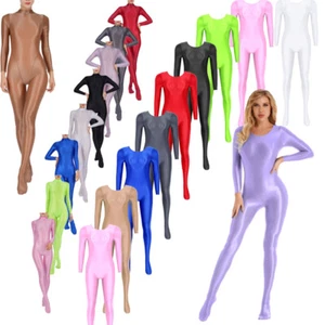 Women's Long Sleeve Bodystockings One Piece Jumpsuit Shiny Satin Glossy Catsuit - Picture 1 of 183