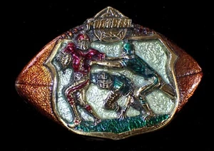 SMALL COLORED FOOTBALL BELT BUCKLE VTG. 1983 GREAT AMERICAN PRODUCTS PEWTER - Picture 1 of 2
