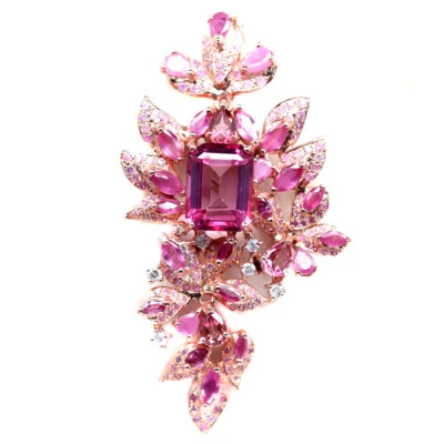 Broche/colgante de plata 925 con piedras preciosas rosa topacio místico, rubí, rodolita, circón Foto 1 de 4