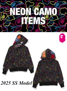 A Bathing Ape Women's Full Zip Hoodie 2025 SS NEON CAMO Pattern SHARK Motif JPN - Picture 1 of 6