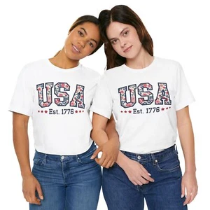Patriotic Short Sleeve Tee - USA Floral Design, Independence Day Shirt, [...] - Picture 1 of 15