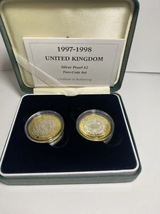 1997 1998 United Kingdom Silver Proof £2 Two Coin Set Boxed With Royal Mint  COA - Picture 1 of 3