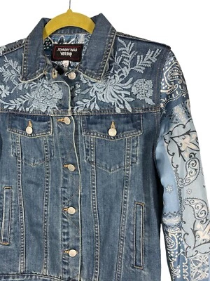 Johnny Was XXS бандана нашитый джинсовой ткани синий Jean куртка вышитая $298 - Изображение 1 из 4