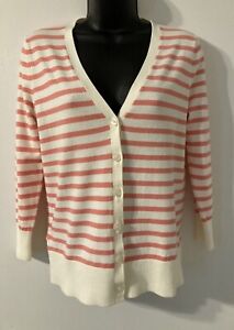 LOFT Pink White Stripe Buttoned Fitted Long Sleeve Knit Cardigan Sweater XS NWT