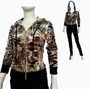 NWT WOMEN'S VELOUR TRACKSUIT 2PC SET HOODED JACKET/BLACK PANTS ANIMAL PRINT - Picture 1 of 16