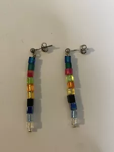 925 sterling silver rainbow glass drop earrings pride dangling studs - Picture 1 of 10