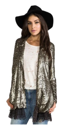 Куртка Free People золотистая потускневшая с блестками звездная пыль черные кружевные карманы размер XS - Изображение 1 из 4