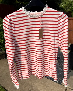 BODEN Broderie Ruffle Detail Top size 10 red & white stripe T1666 b33a - Picture 1 of 5